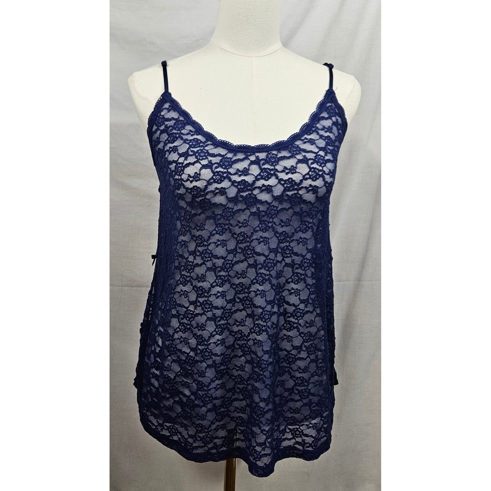 Victorias Secret Navy Blue‎ Floral Lace Camisole Sheer Bow Side Lingerie Top S